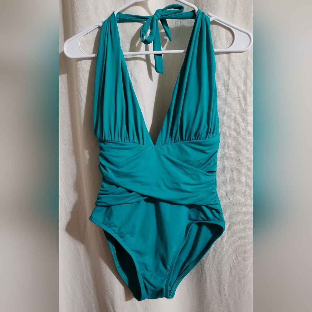 La Blanca Women's Size 6 Gemstone Blue Deep Plunge Criss Cross Front Swimsuit